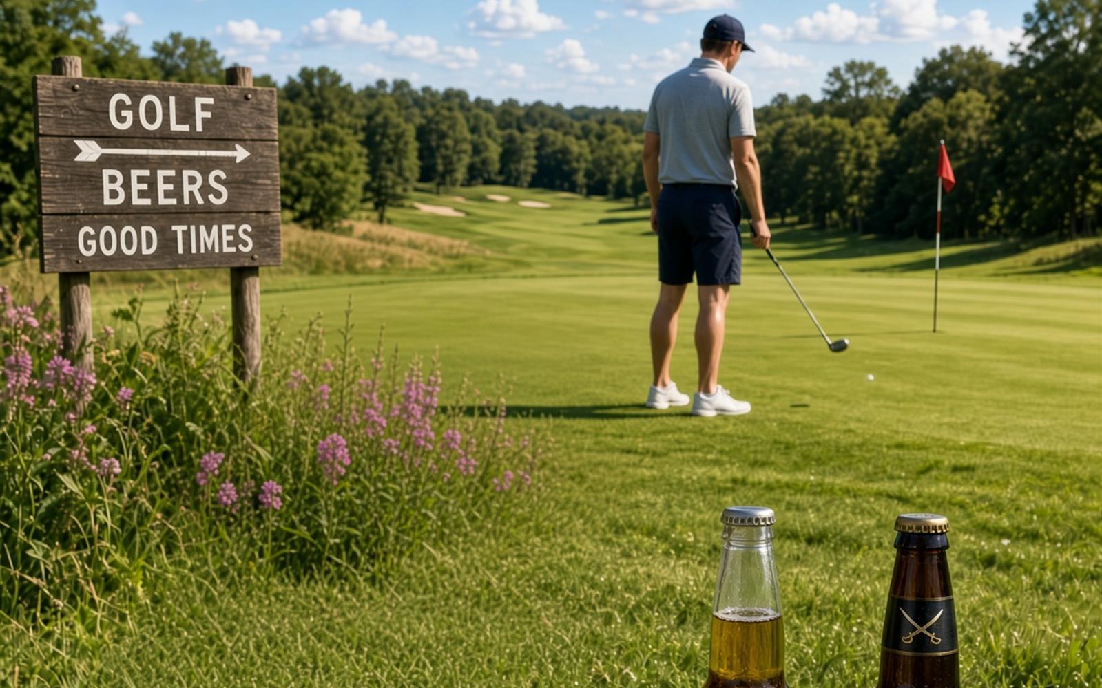 A golf bag and two cold beers beside a fairway